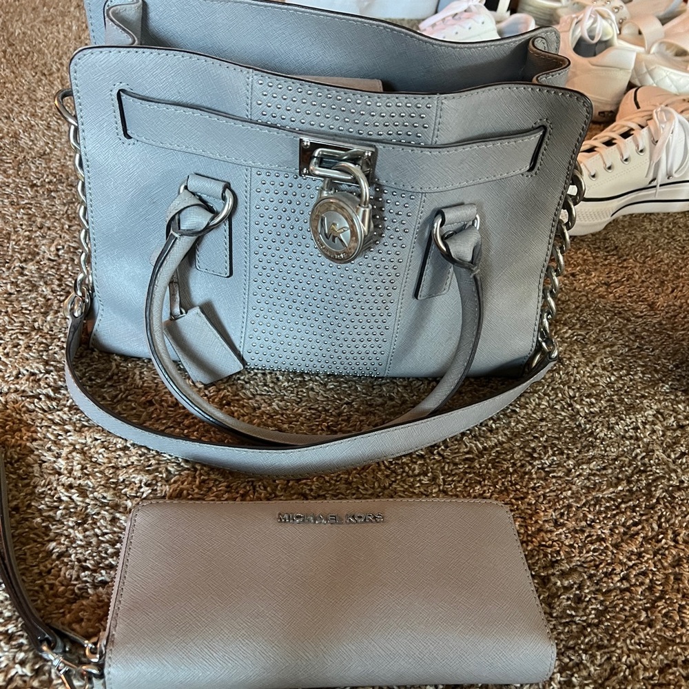 Gray studded Michael Kors Purse with matching Wallet